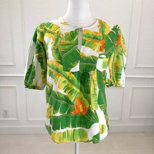 Cynthia Rowley Tropical Leaf Print Puff Sleeve V Neck Tunic Top Women's L